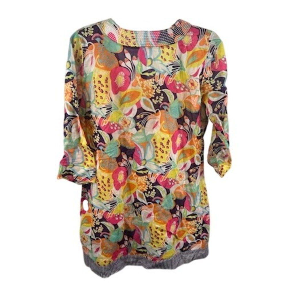 Boden Tunic‎ Top Blouse Floral Print Colorful Beaded Neckline 3/4 Sleeve Size 8